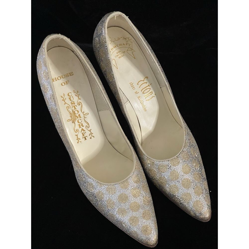 VTG Gold Silver Polka Dot Eton's Customcraft Heels 7.5 AAAA Narrow Pumps 50s 60s